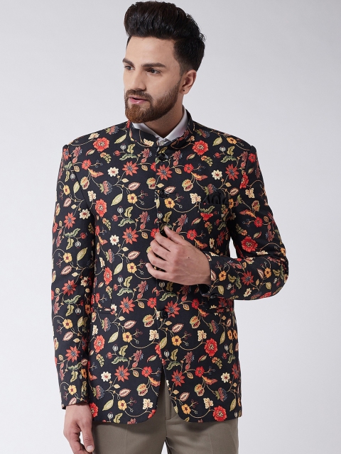 

SOJANYA Men Black & Red Floral Printed Bandhgala Blazer