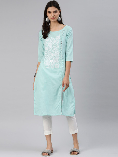 

Alena Women Blue Floral Murri Work Straight Kurta