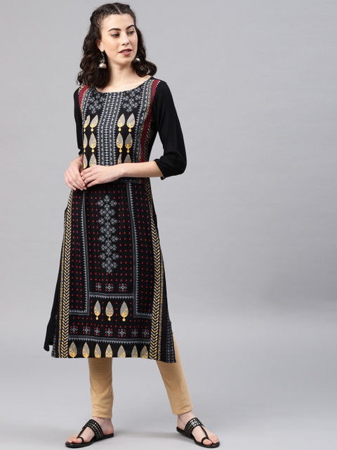 

Alena Women Black & Beige Printed Straight Kurta