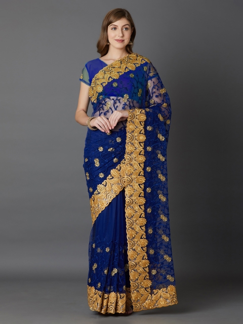 

Mitera Navy Blue & Beige Net Embroidered Saree