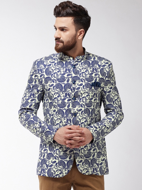 

SOJANYA Men's Royal Blue & Off-White Printed Bandhgala Blazer