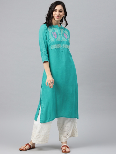 

Alena Women Turquoise Blue Floral Yoke Design Straight Kurta