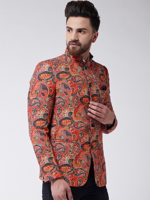 

SOJANYA Men's Orange Printed Bandhgala Blazer