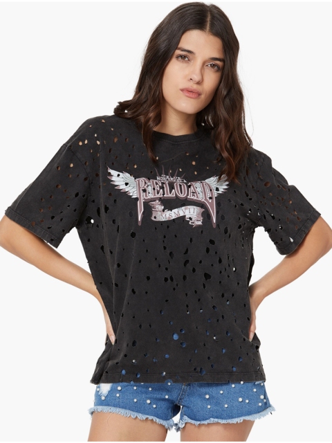 

Ginger by Lifestyle Women Black Printed Round Neck T-shirt
