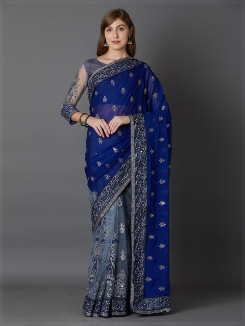 

Mitera Navy Blue Embroidered Poly Georgette Saree