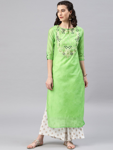 

Alena Women Green Yoke Design Straight Kurta
