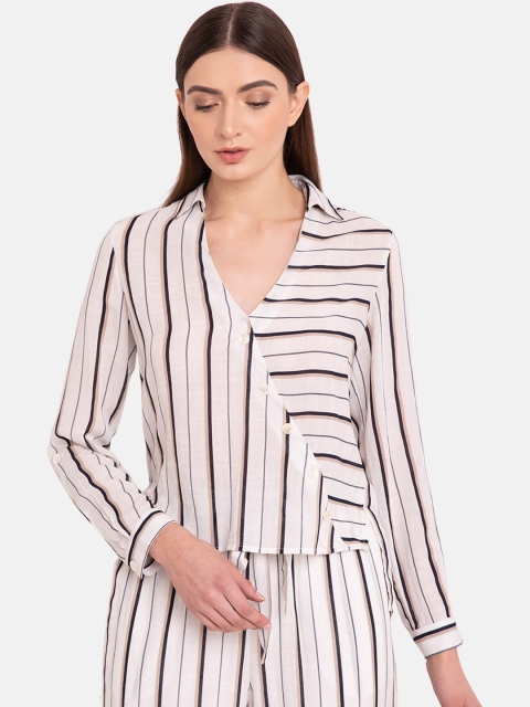

Kazo Women White & Black Striped Shirt Style Top