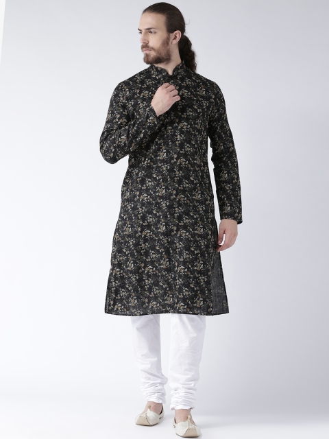 

DEYANN Men Black Floral Print Straight Kurta