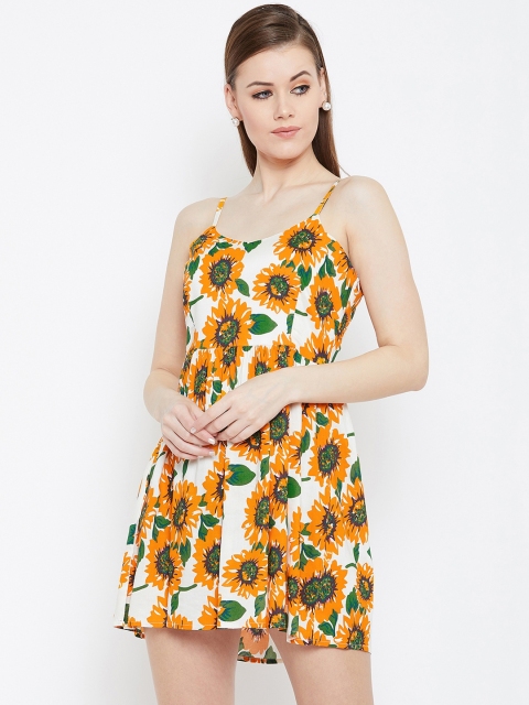 Women Yellow & White Floral Print Fit and Flare Dress