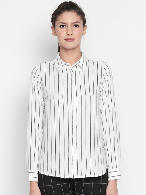 

Annabelle by Pantaloons Women White & Black Regular Fit Striped Casual Shirt