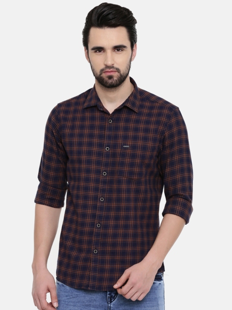 

IMYOUNG Men Navy Blue & Brown Slim Fit Checked Casual Shirt