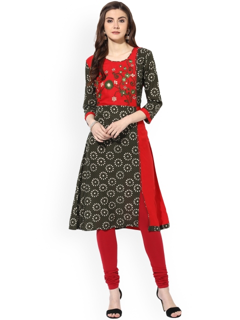 

Mytri Women Green & Red Printed Straight Kurta
