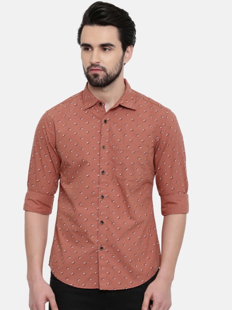 

IMYOUNG Men Rust Orange Slim Fit Printed Casual Shirt