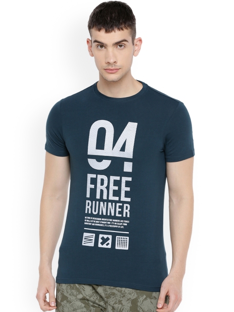 4F Men Blue Printed Round Neck T-shirt