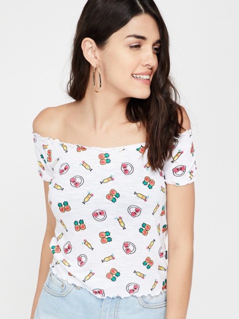 

Smiley World Women White Printed Bardot Top