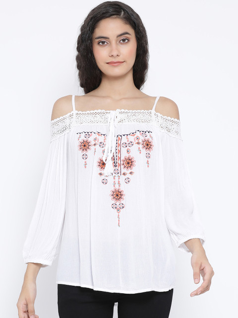 

Oxolloxo Women White Embroidered A-Line Top