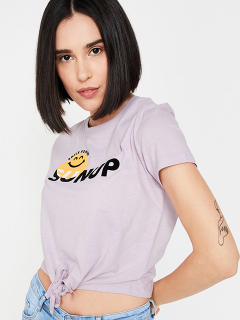 

Smiley World Women Lavender Printed Round Neck T-shirt