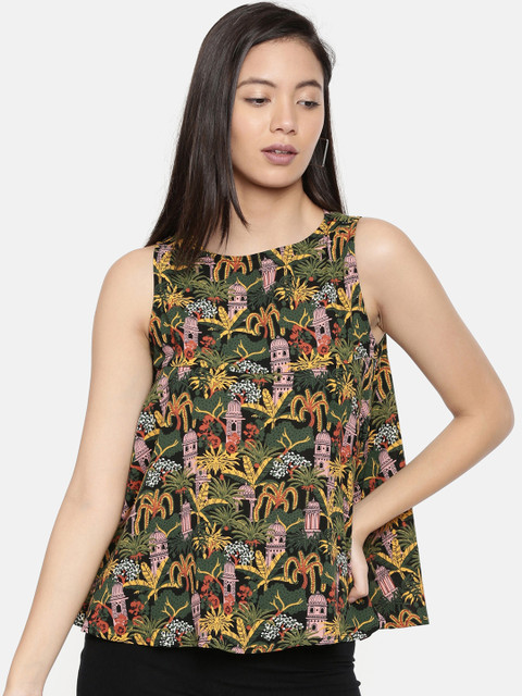 

Chumbak Women Green Conversational Printed A-Line Sleeveless Top