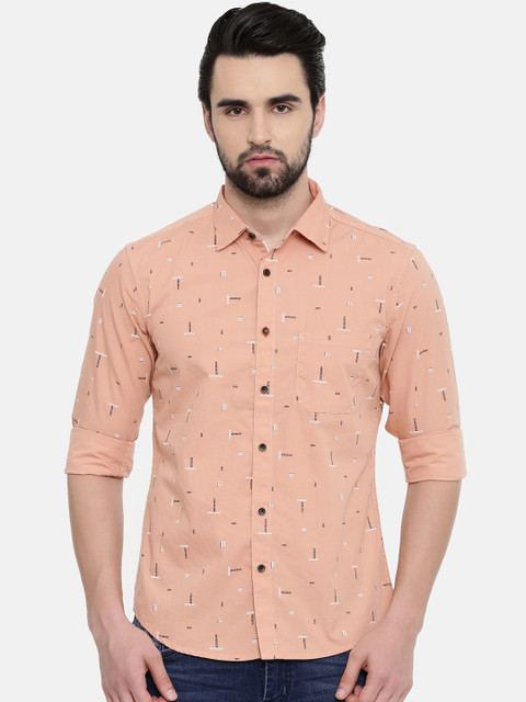 

IMYOUNG Men Peach-Coloured Slim Fit Printed Casual Shirt