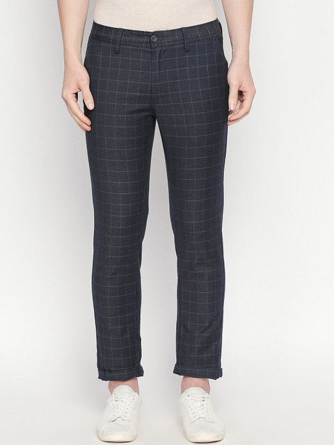 

Basics Men Navy Blue Tapered Fit Checked Regular Trousers
