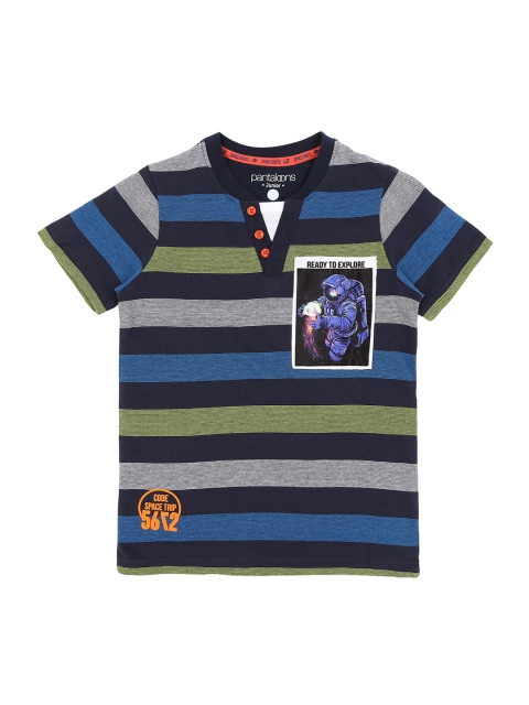 

Pantaloons Junior Boys Green Striped Mandarin Collar T-shirt, Multi