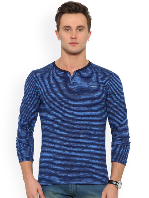 

WITH Men Blue Striped Henley Neck Slim Fit T-shirt