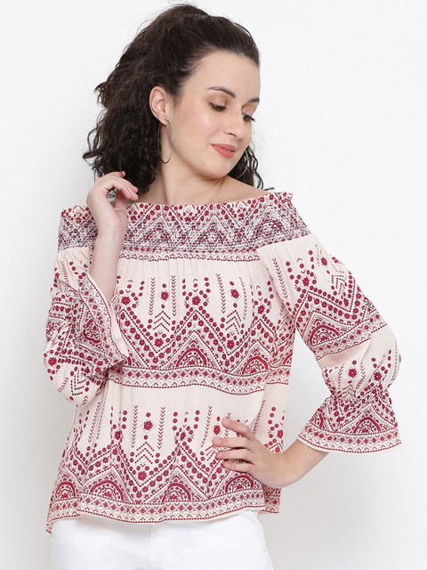 

Oxolloxo Women Beige Printed Bardot Top