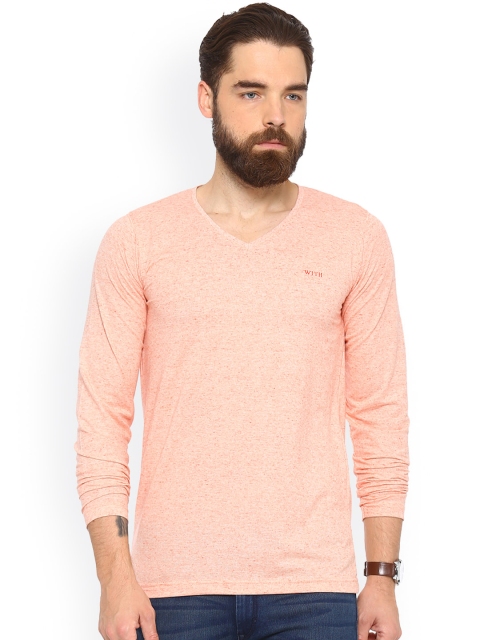 

WITH Men Orange Self Design V-Neck T-shirt