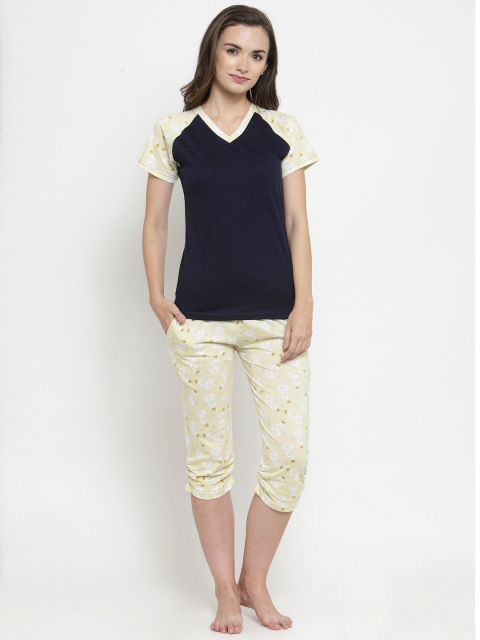 

Claura Women Yellow & Navy Blue Printed Night Suit Cot-130