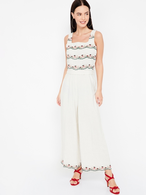 

CODE by Lifestyle Women Cream-Coloured Solid Embroidered Culotte Jumpsuit