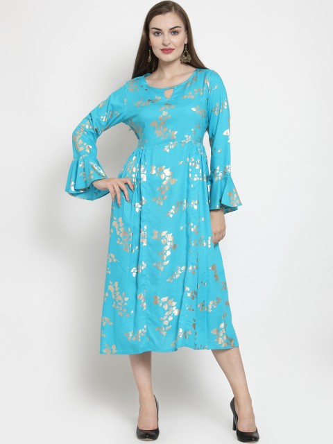 

WESTCLO Women Turquoise Blue & Golden Floral Printed Fit and Flare Dress