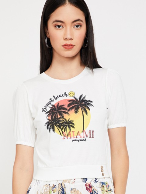 

Smiley World Women Off-White Printed Pure Cotton Top