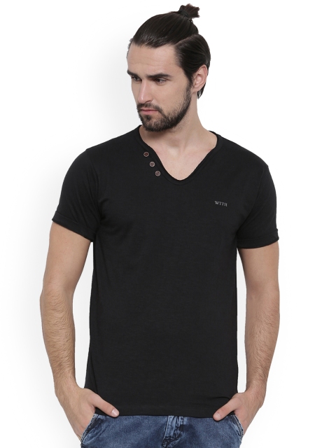 

WITH Men Black Solid V-Neck T-shirt