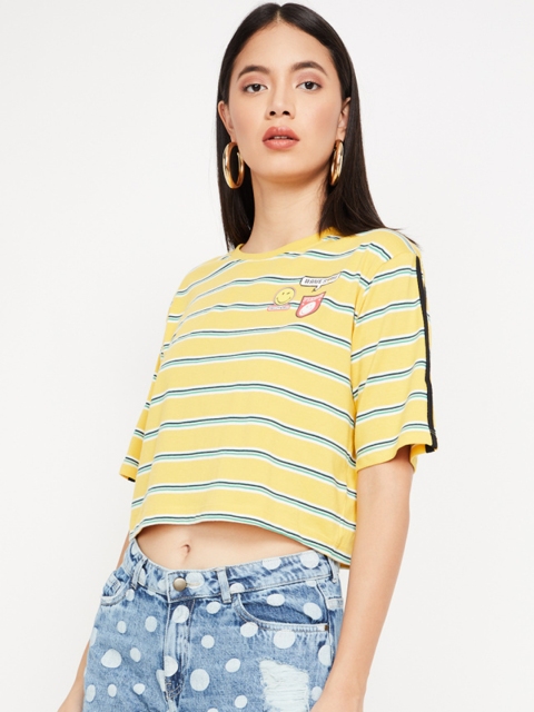 

Smiley World Women Yellow Striped Round Neck T-shirt