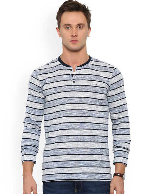 

WITH Men Blue Striped Henley Neck T-shirt