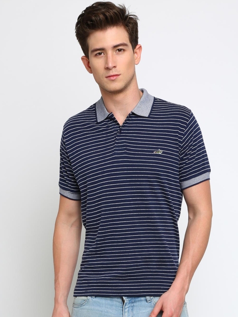 

Crocodile Men Navy Blue & White Striped Polo Collar T-shirt