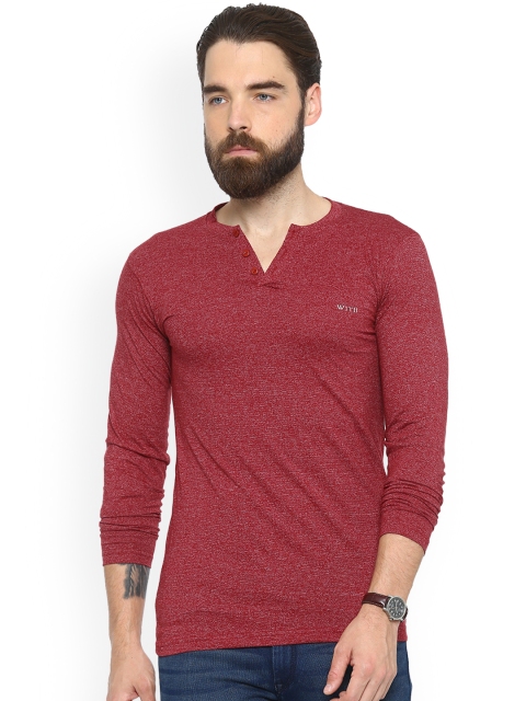 WITH Men Red Solid Henley Neck T-shirt