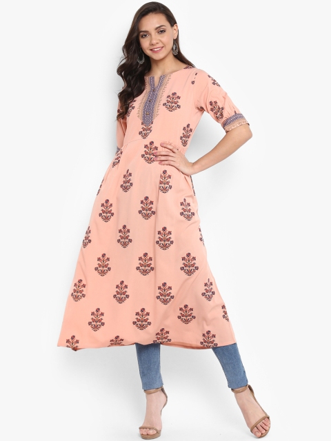

Janasya Women Peach-Coloured Foil Print A-Line Kurta