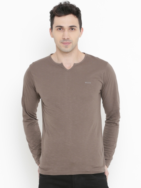 

WITH Men Taupe Solid V-Neck T-shirt