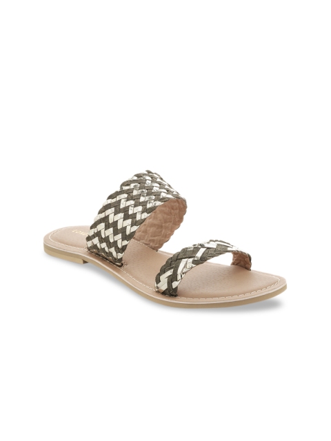 

London Rag Women Green Woven Design Leather Open Toe Flats
