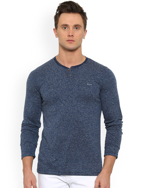 

WITH Men Navy Blue Solid Henley Neck T-shirt
