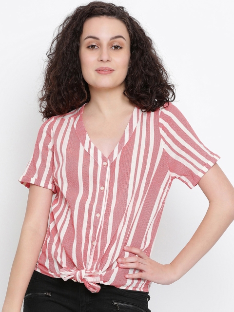 

Oxolloxo Women Pink & White Regular Fit Striped Casual Shirt