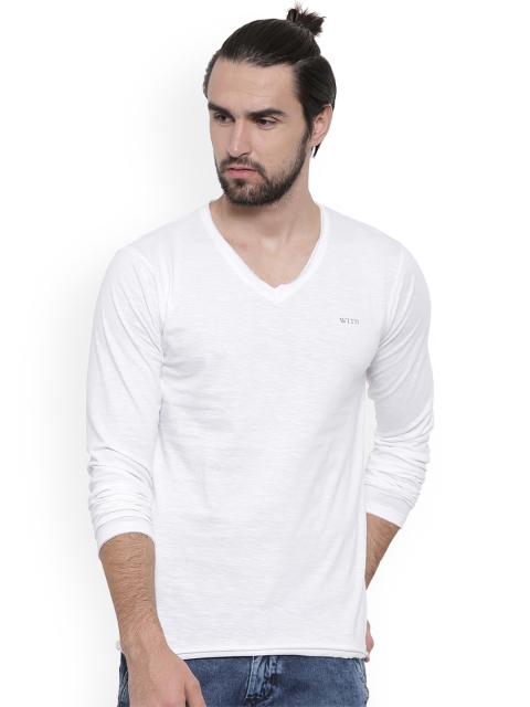 

WITH Men White Solid V-Neck T-shirt