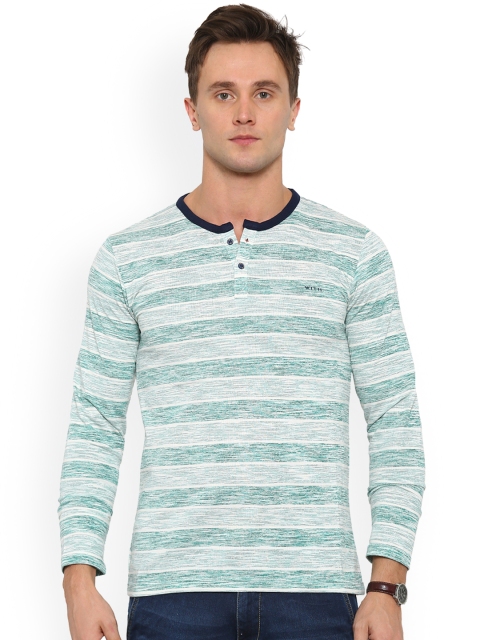 

WITH Men Green Striped Henley Neck T-shirt