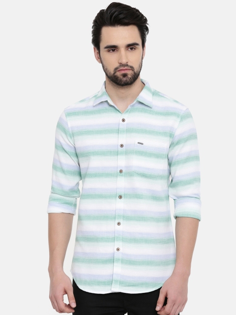 

IMYOUNG Men White & Green Slim Fit Striped Casual Shirt