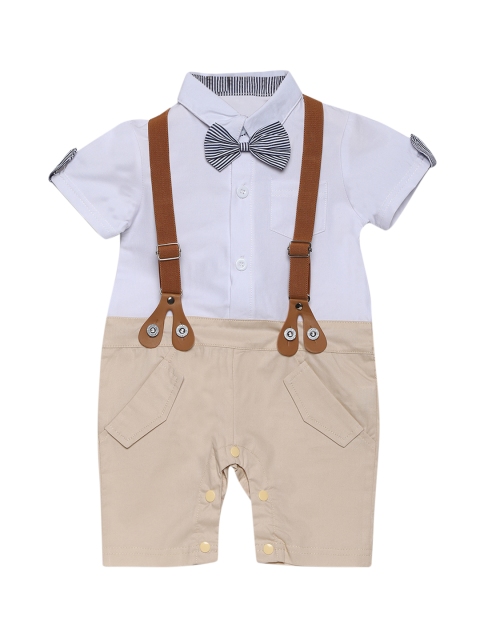 Aj DEZInES Boys White & Beige Colorblocked Romper
