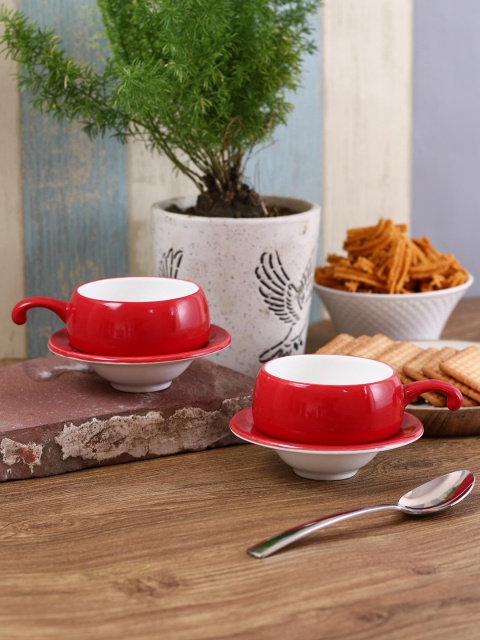 

CLAY CRAFT Multicoloured Set of 6 Bone China Cups and Saucers, Red