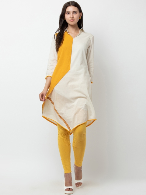 

DODO & MOA Women Off-White & Yellow Colourblocked A-Line Kurta