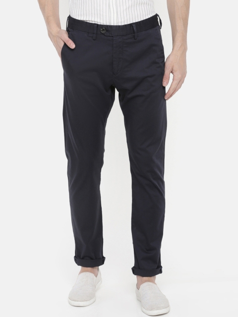 Men Navy Blue Slim Fit Solid Regular Trousers