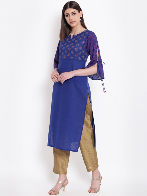 

Shakumbhari Women Blue Block Print Detail Straight Kurta